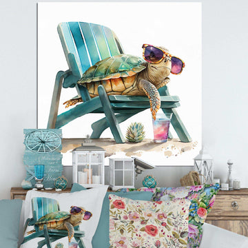 Turtle Laying On A Beach Chair With Sunglasses I - Animals Canvas Wall Art